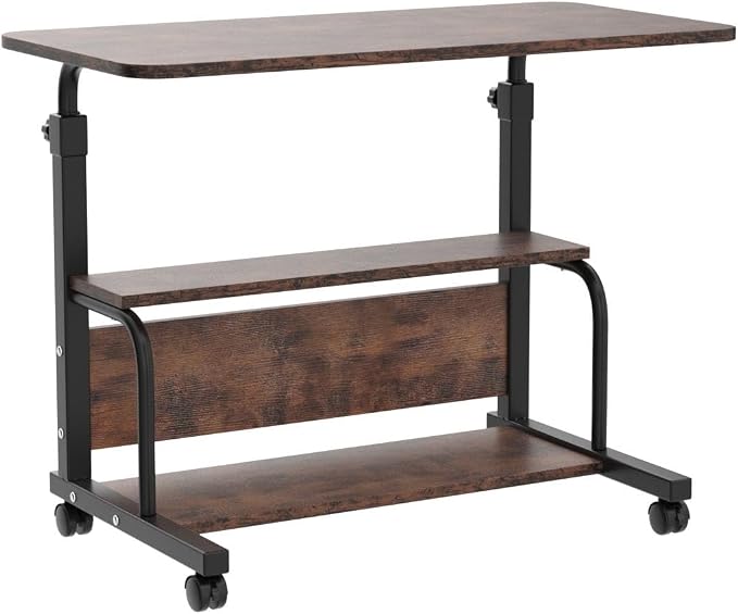 QZMDSM Portable Rolling Desk on Wheels Adjustable Height Desks for Small Spaces, 32" Computer Desk Drafting Tables with Storage Shelves for Home Office Rustic