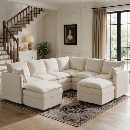 Modular Sectional Storage Sofa, 105" Cloud Deep Seat V-Shaped Couch, Beige