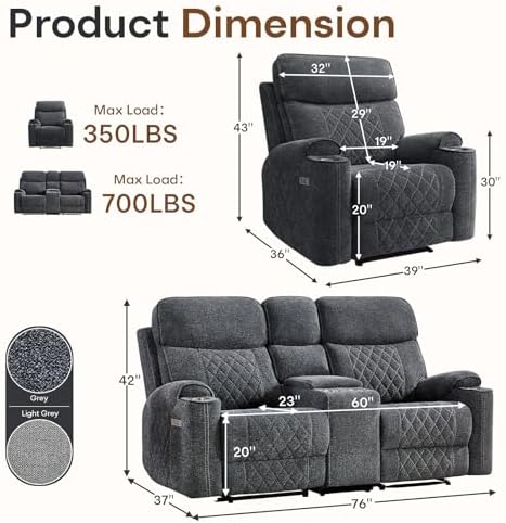 HAOMARKETS 2-Piece Power Recliner Sofa Set with Charging Port, Include Single Recliner Chair and 2-Seater Loveseat Reclining Couch with Hidden Storage and Cup Holders for Living Room, Dark Grey