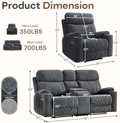 HAOMARKETS 2-Piece Power Recliner Sofa Set with Charging Port, Include Single Recliner Chair and 2-Seater Loveseat Reclining Couch with Hidden Storage and Cup Holders for Living Room, Dark Grey