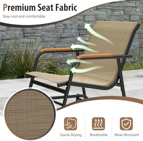 GIANTEX 3-Piece Outdoor Glider Set, 2-Pack Rocking Chairs with Small Tempered Glass Coffee Table, Metal Frame, Porch Rocker, Patio Bistro Set for Outside, Garden, Backyard, Balcony, Brown