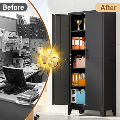 71" Metal Storage Locker Cabinet with Lock and 4 Adjustable Shelves,Steel Lockable Garage Tool Cabinet, File Cabinet,Kitchen Pantry Cabinet for Home,Office,Garage,School,Warehouse Black