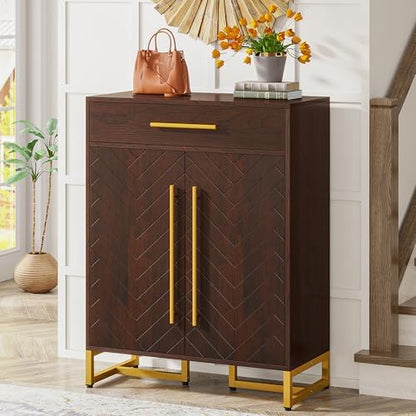 Tribesigns Shoe Cabinet with Doors, 20 Pairs Shoe Storage Cabinet with Drawer for Entryway, Modern Shoe Rack Organizer with Adjustable Shelves for Hallways Bedroom Living Room, Walnut & Gold