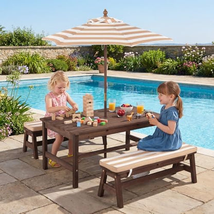 KOTEK Kids Picnic Table with Umbrella, Wooden Toddler Outdoor Table with Benches & Cushions, 42" x 23" Large Tabletop, Kids Backyard Furniture for Patio Garden Lawn (Coffee)