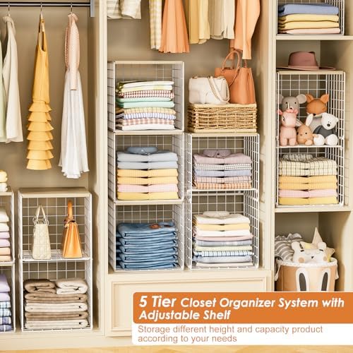 5PCS Stackable Closet Organizers and Storage, Closet Shelves with Wood Top Extra Storage, Clothes Storage Organizer Basket Bin/Cube for Home Wardrobe Organization(White-Sturdy Metal)