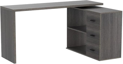 HSH Dark Grey L Shaped Computer Corner Desk with 3 Storage Drawers 55 inch | Reversible Home Office Corner Desk with 2 Open Side Shelves Modern Wood Executive L Desks for Bedroom,Study Workstation
