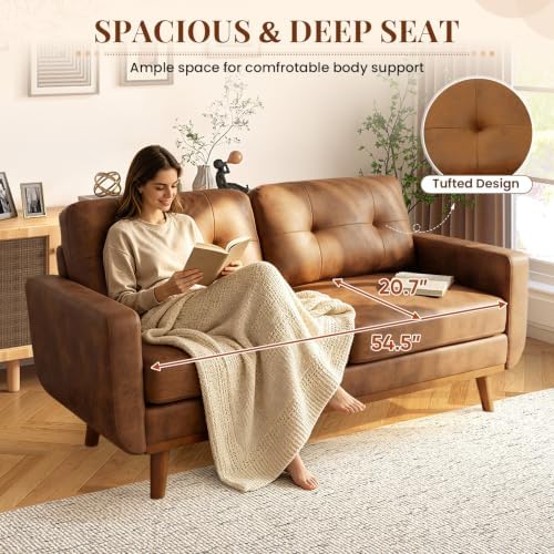 Mid Century Modern Loveseat Sofa, 65"W Upholstered Comfy Couch with Tufted Design and Square Arms, 2 Seater Small Couch with Deep Seat and Solid Wood Legs for Living Room, Bedroom, Apartment(Brown)