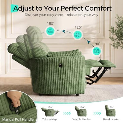 LINSY Modular 3-Seater Recliner Sofa with Flippable Console & Hidden Storage, Dual Manual Reclining Couch with USB Ports & Cup Holders, Corduroy Couch for Living Room, Home Cinema, RV (Green)