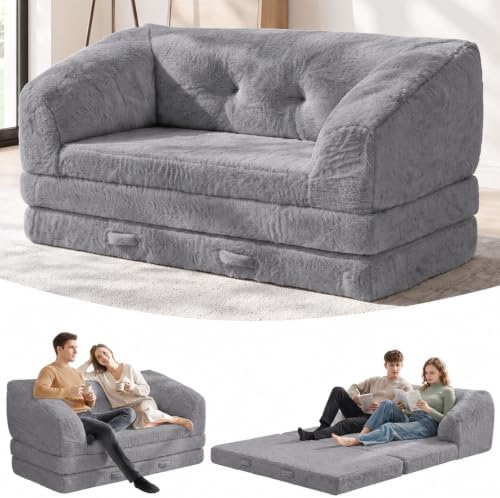 Boneless Loveseat Futon Sofa Bed,Small Boneless Couch with Pull Out Handle,Convertible Sleeper Chair Folding Floor Couch for Living Room, Guest Room,Bedroom,Grey