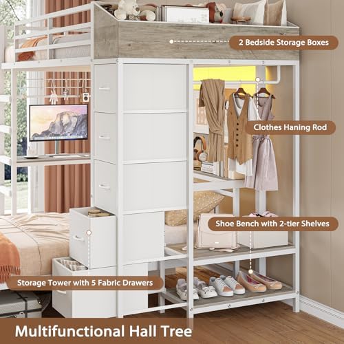 Bunk Bed Twin Over Twin with Hall Tree, Charging Station and LED Lights, L-Shaped Bunk Bed with Desk, 5 Storage Drawers, Twin Bunk Beds with Guardrail & Stairs, No Box Spring Needed, White