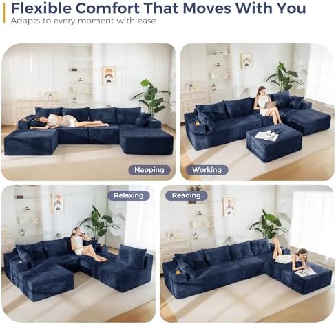 MAXYOYO Boneless Couch, 132" U-Shaped Modular Sofa, Right-Facing Chaise