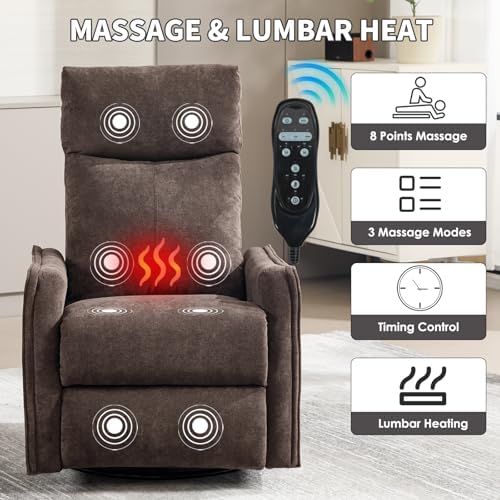 Trustyue Swivel Rocker Recliner Chair, 360° Swivel Recliner with Heat and Massage, Rocker Recliner Nursery Glider Chair with Side Pockets for Living Room (Brown, Fabric)