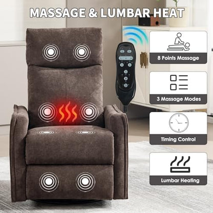 Trustyue Swivel Rocker Recliner Chair, 360° Swivel Recliner with Heat and Massage, Rocker Recliner Nursery Glider Chair with Side Pockets for Living Room (Brown, Fabric)