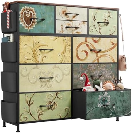WLIVE 10 Drawer Fabric Dresser for Bedroom, Side Pocket Chest, Floral