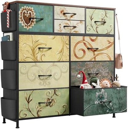 WLIVE 10 Drawer Fabric Dresser for Bedroom, Side Pocket Chest, Floral
