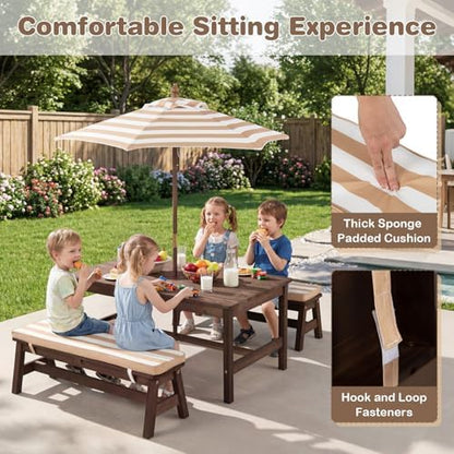 KOTEK Kids Picnic Table with Umbrella, Wooden Toddler Outdoor Table with Benches & Cushions, 42" x 23" Large Tabletop, Kids Backyard Furniture for Patio Garden Lawn (Coffee)