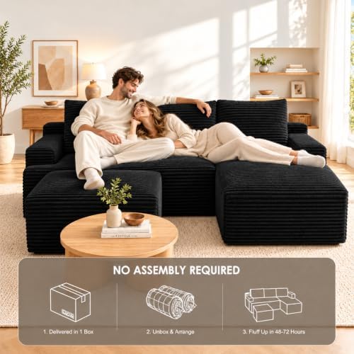 96" Sectional Couches for Living Room Cloud Couch Sofa with L-Shape Upholstered Boneless Couchs Modern Modular Sectional Couch with Chaise (Black, 96.1" U Shape with Right Facing Chaise)