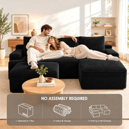 96" Sectional Couches for Living Room Cloud Couch Sofa with L-Shape Upholstered Boneless Couchs Modern Modular Sectional Couch with Chaise (Black, 96.1" U Shape with Right Facing Chaise)