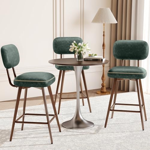 MALOL 26“ Mid Century Leather Swivel Bar Stools Set of 3, Green