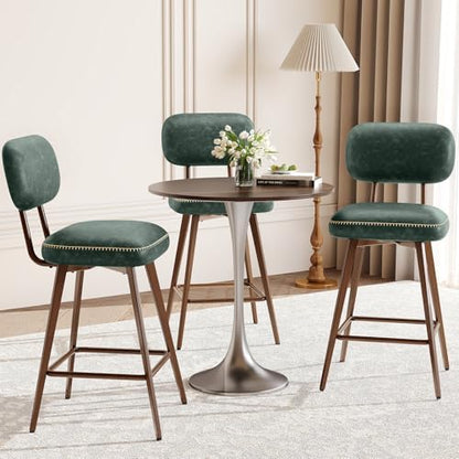 MALOL 26“ Mid Century Leather Swivel Bar Stools Set of 3, Green
