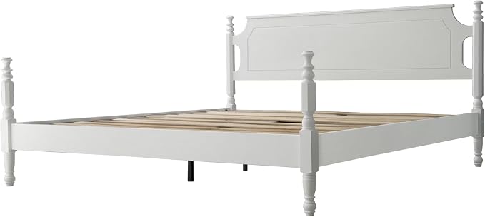 Solid Wood King Size Platform Bed Frame, A Headboard & Footboard, Under Bed Storage, 12 Strong Slats with Center Metal Legs, Anti-Noise & Slip-Free, No Box Spring Needed, Pure White Finish, ROK-39