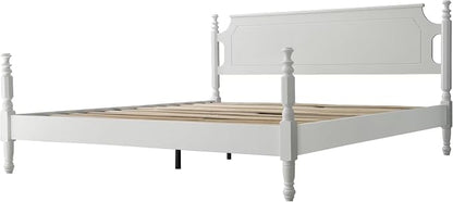 Solid Wood King Size Platform Bed Frame, A Headboard & Footboard, Under Bed Storage, 12 Strong Slats with Center Metal Legs, Anti-Noise & Slip-Free, No Box Spring Needed, Pure White Finish, ROK-39
