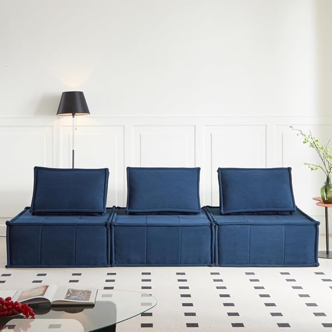 PurrJoys Modular Sectional Sofa, 3-Piece 105" Deep Seat Corduroy Lounge Sofa with Movable Cushions, Modular Couch for Small Spaces, Living Room, Bedroom, Apartment, Office - Blue