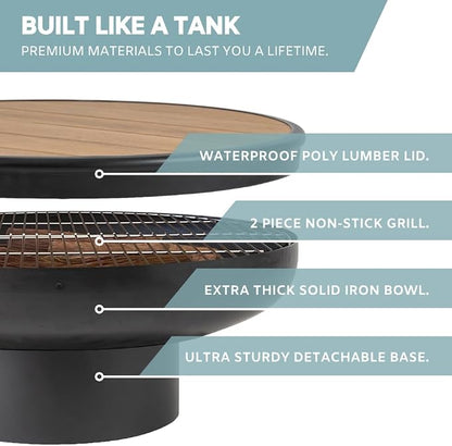 DENKOE 32 Inch Round Fire Pit Table with Fire Pit Grill, Extra Thick, Heavy Duty Fire Bowl, Deep Outdoor Firepit, Wood Burning Firepits for Outside Patio, Backyard Fire Pits, Large BBQ Pit
