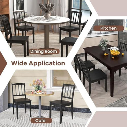 Wood Dining Chairs Set of 6, Black Kitchen Chairs with Solid Rubber Wood Legs, Non-Slip Foot Pads, Max Load of 400 Lbs, Farmhouse Seat Slat High Back Dining Room Chairs