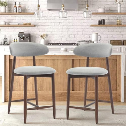 COLAMY Wood Bar Stools Set of 2, Counter Height Bar Stools, Mid Century Modern Stools with Back, 25 Inch Upholstered Wooden for Kitchen Island Dining Room Bar, Light Grey