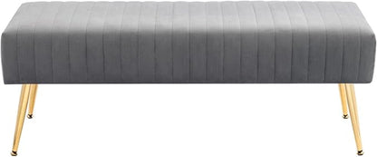 Furniliving 44 Inch Bedroom Benches, Upholstered Tufted Striped Fabric Ottoman Bench with X-Shaped Metal Legs for Living Room, Solid Wood Indoor Bench for Foyer (Grey)