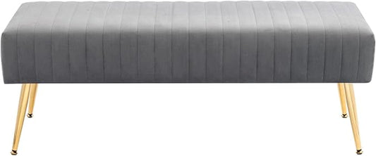 Furniliving 44 Inch Bedroom Benches, Upholstered Tufted Striped Fabric Ottoman Bench with X-Shaped Metal Legs for Living Room, Solid Wood Indoor Bench for Foyer (Grey)