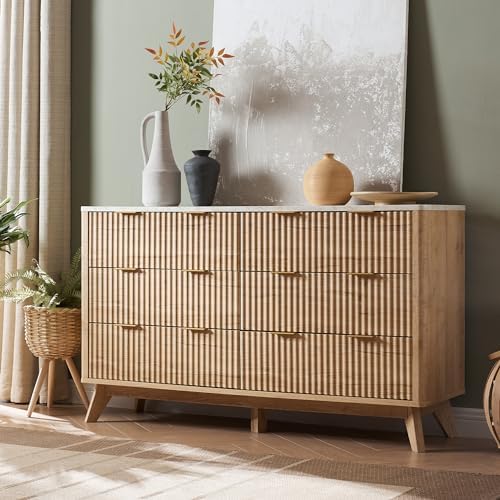 T4TREAM 54" Wide Fluted 6 Drawer Dresser for Bedroom, Natural Oak