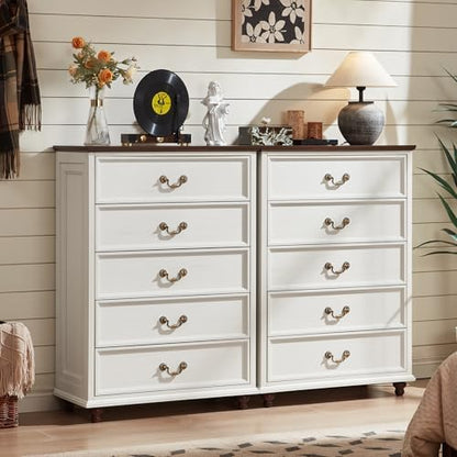 Joaxswe Farmhouse 5 Drawer Dresser for Bedroom, 45" Tall Rustic Chests of Drawers w/ 4 Solid Wood Feet, Mid Century Modern Wooden Closet Storage Dressers Organizer for Living Room, Hallway, White