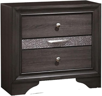 Pemberly Row 4-Piece King Bedroom Set, Solid Wood and Veneer, Gray Finish with Silver Accents, Panel Bed with Storage Footboard, Dresser with Mirror, Nightstand, Elegant Modern Bedroom Furniture