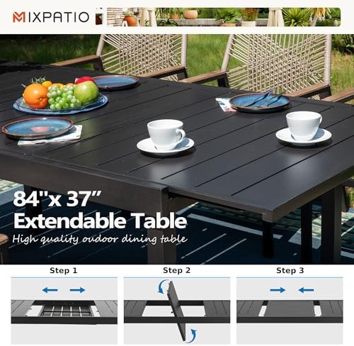 MIXPATIO Patio Dining Set, Extendable Metal Table, 8 Rattan Chairs, Beige