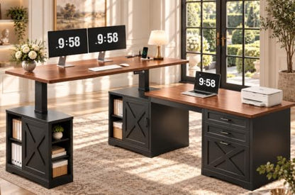 Farmhouse L Shaped Standing Desk with Storage 67" 2-in-1 Convertible,Walnut