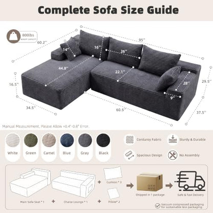 95" L‑Shaped Modular Cloud Corduroy Boneless Sectional Sofa for Living Room