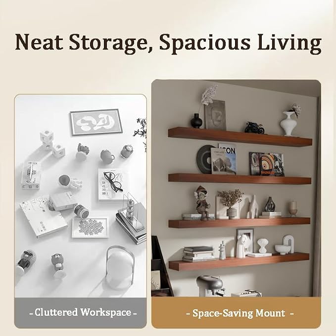 Floating Shelves for Wall, 48 Inch Extra Long Brown Wall Shelves, Set of 4, Hanging Invisible Brackets Floating Shelves for Living Room,Bedroom,and Kitchen