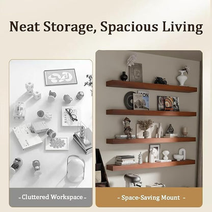 Floating Shelves for Wall, 48 Inch Extra Long Brown Wall Shelves, Set of 4, Hanging Invisible Brackets Floating Shelves for Living Room,Bedroom,and Kitchen