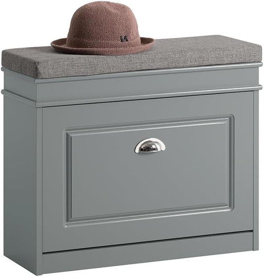 Haotian Grey Hallway Shoe Bench, Narrow Shoe Rack with Adjustable Shelf, Small Shoe Cabinet with 1 Flip-Drawer and Seat Cushion, FSR82-K-HG