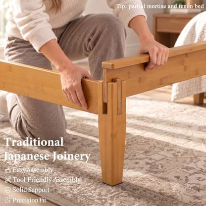Solid Bamboo Queen Bed Frame with Headboard, Japanese Joinery