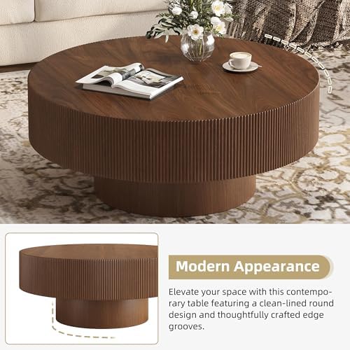 Merax Modern 31 Inch Fluted Round Coffee Table with Sturdy Base, Walnut