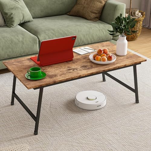 Black Coffee Table Foldable,Simple Modern Rectangular Center Table, Industrial Wood Tabletop and Metal Frame, Low Coffee Table for Home Office, Living Room,No Assembly,Rustic Brown