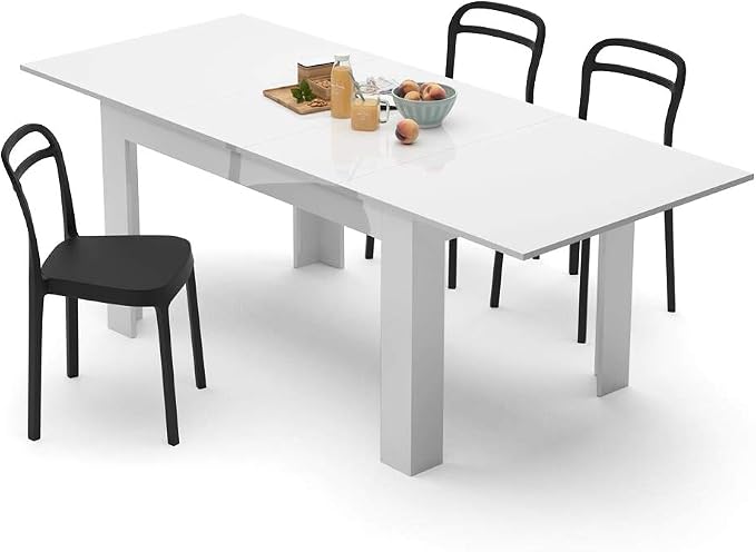 Mobili Fiver, Easy, Extendable Dining Table, 55.1(86.6) x35.4 in, High Gloss White, for 6-8 People, Expandable Dining Table for Kitchen, Italian Furniture