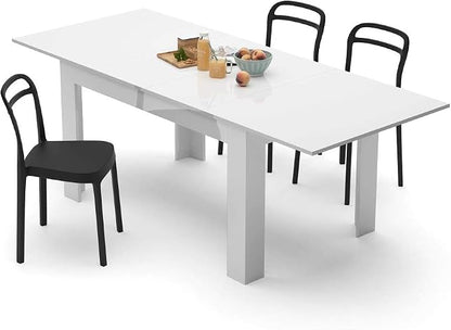 Mobili Fiver, Easy, Extendable Dining Table, 55.1(86.6) x35.4 in, High Gloss White, for 6-8 People, Expandable Dining Table for Kitchen, Italian Furniture