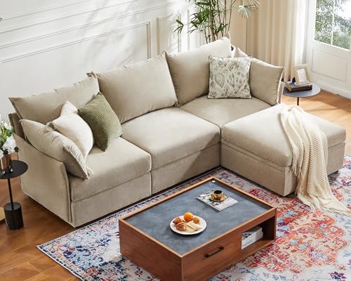 ABCASA 102.6" L Shaped Modular Sectional Couch with Washable Chenille Cover, 4 Seater Deep Seat Sofa with Storage Ottoman & Reversible Chaise for Living Room, Pet-Friendly, Beige