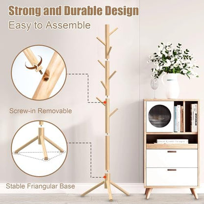 Wooden Coat Rack Stand, Freestanding Coat Rack with 8 Hooks, 3 Adjustable Size Coat Tree for Hats, Coats, Scarves bags, Coat Hanger Stand Used in Bedroom/Office/Entryway,2 PCS (Natural)