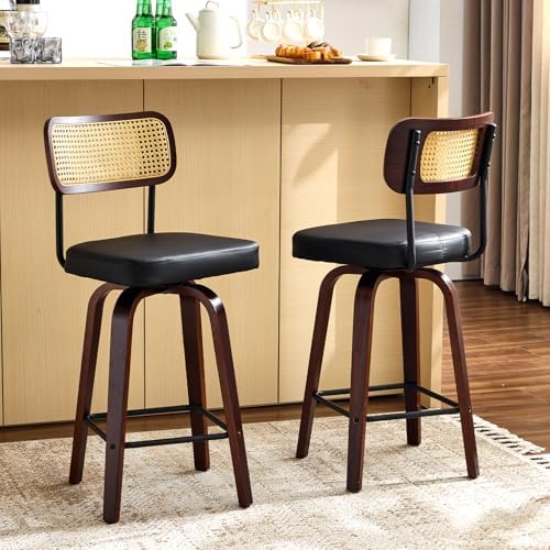 VINGLI Modern Bar Stool 26" H, PU Leather with Rattan Back, 360° Swivel, Solid Wood Legs Barstools for Kitchen Island & Home Bar, Black 2 Pack