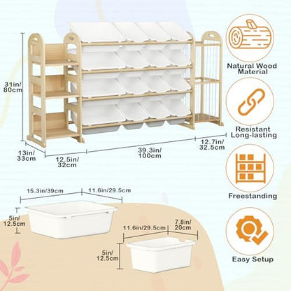 Large Toy Storage Organizer with 16 Bins, 3-Shelf Bookshelf, White